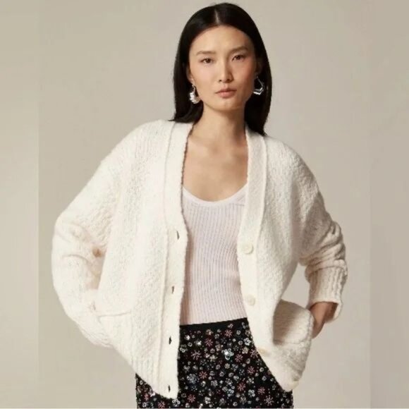 J. Crew Relaxed Cardigan Sweater in Textured Yarn Antique Ivory Button-Up SZ  XS - Picture 3 of 15